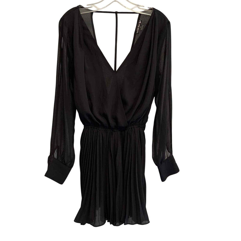 Double Zero Black Pleated Long Sleeve Open Back Romper Small V-Neck Chiffon